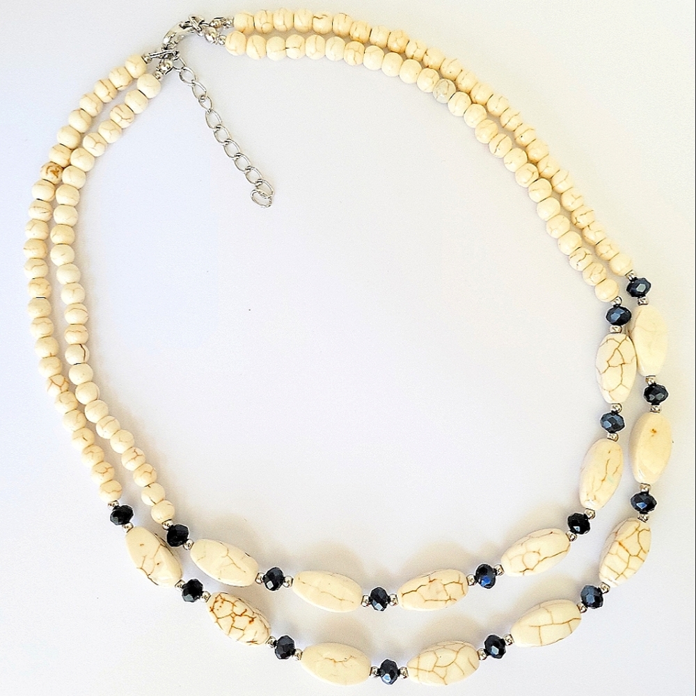 NEW! Genuine Howlite & Blue Faceted Glass Beads on 18 in. Double Strand Necklace